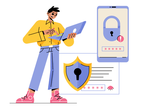 boy with laptop installing security passwords